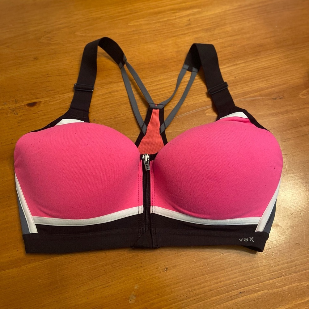 PINK Victoria's Secret Hot Pink & Black Front-Zip Sports Bra